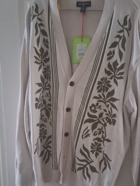 Houston White Men's Cream V-Neck Cardigan Sweater with Olive Floral Pattern XXL